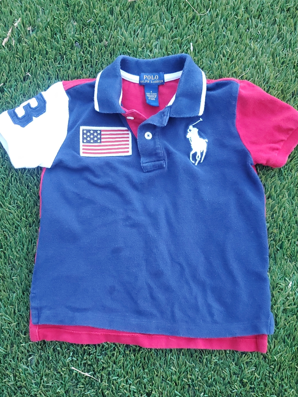 Polo Ralph Lauren Red White Blue Kids Shirt with Flag Patch & Large Pony Size 4